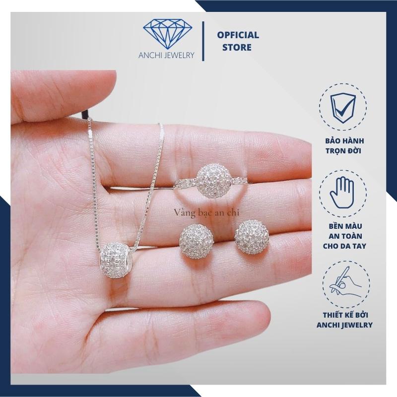 Bộ dây chuyền - nhẫn - bông tai mặt cầu tròn đính đá, chuẩn bạc ta bóng đẹp, Anchi jewelry