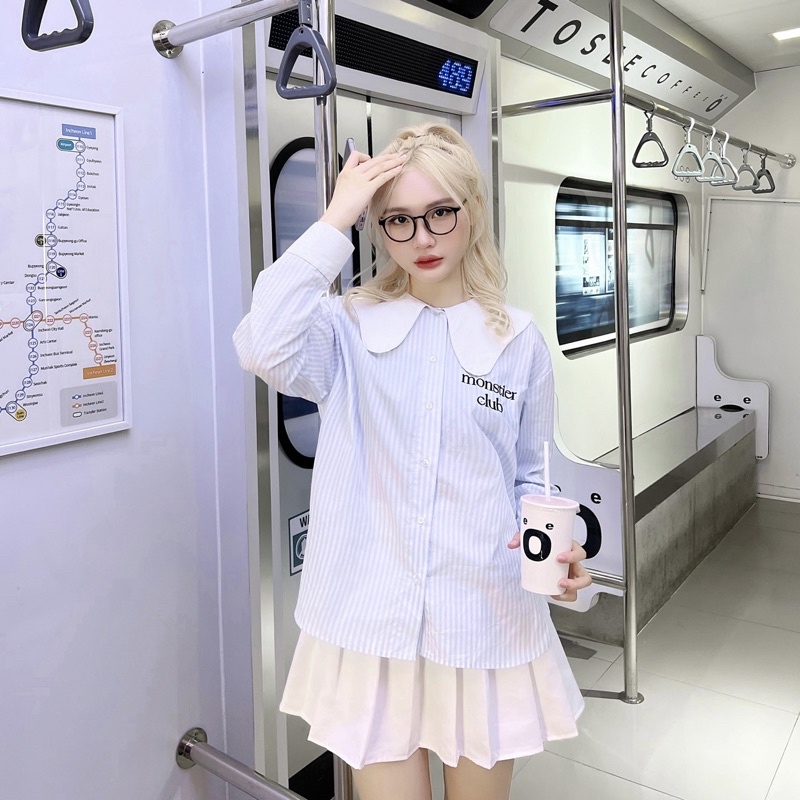 Áo Sơ Mi Sọc Xanh Tay Dài Cổ Cách Điệu - Thêu chữ Monstier