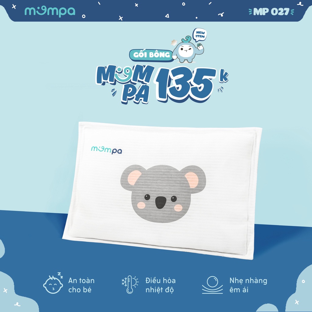 Gối bông sơ sinh Mompa vỏ cotton ruột bông mềm mại siêu nhẹ thoáng mát diệt khuẩn