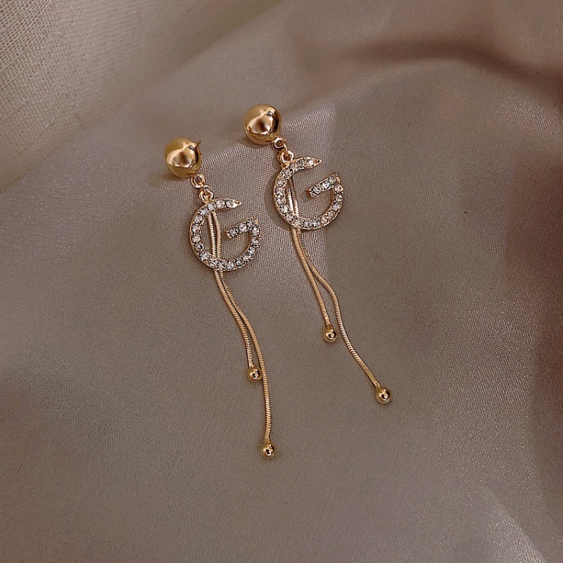 Bông Tai Mạ Bạc 925 Dáng Dài Phối Tua Rua Hình Chữ G Xinh Xắn Phong Cách Hàn Quốc