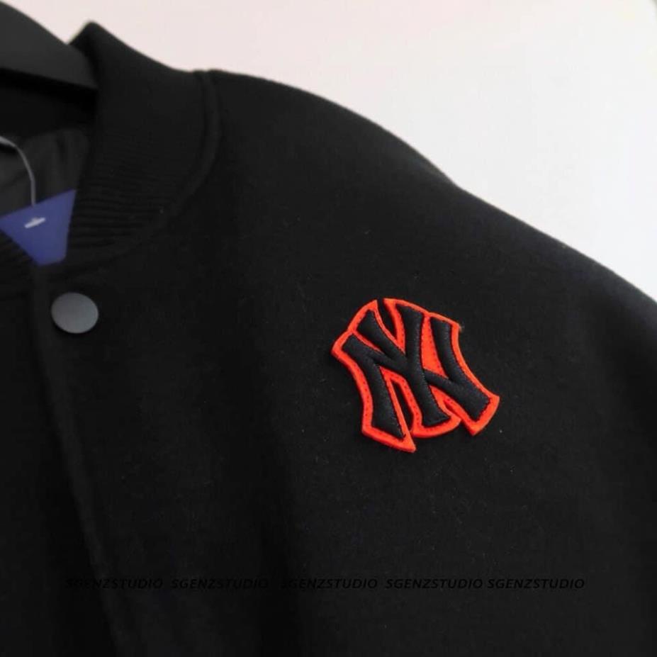 Áo khoác Bomber Varsity M.L.B Ny Thêu Logo Cam form rộng Phối Tay Da