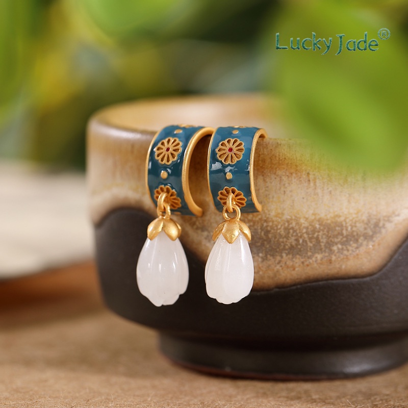 Bông Tai Mạ Vàng 18K Đính Ngọc Bích Trắng Phong Cách Trung Quốc