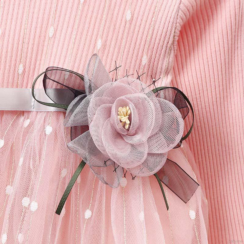 Babyme Autumn Girls Round Neck Mesh Stitching Gauze Princess Flower Cute Sweet Long Sleeve Dress