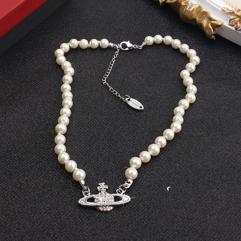 Dây chuyền choker ngắn đính ngọc trai mặt hình hành tinh cổ điển thời trang sang trọng cho nữ