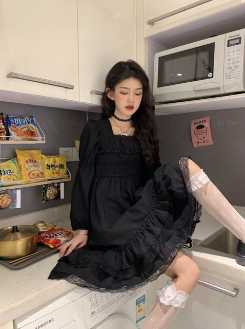 (Video tự quay) Đầm lolita gothic đen phối ren cực xinh ulzzang Hàn Quốc [Yannie]