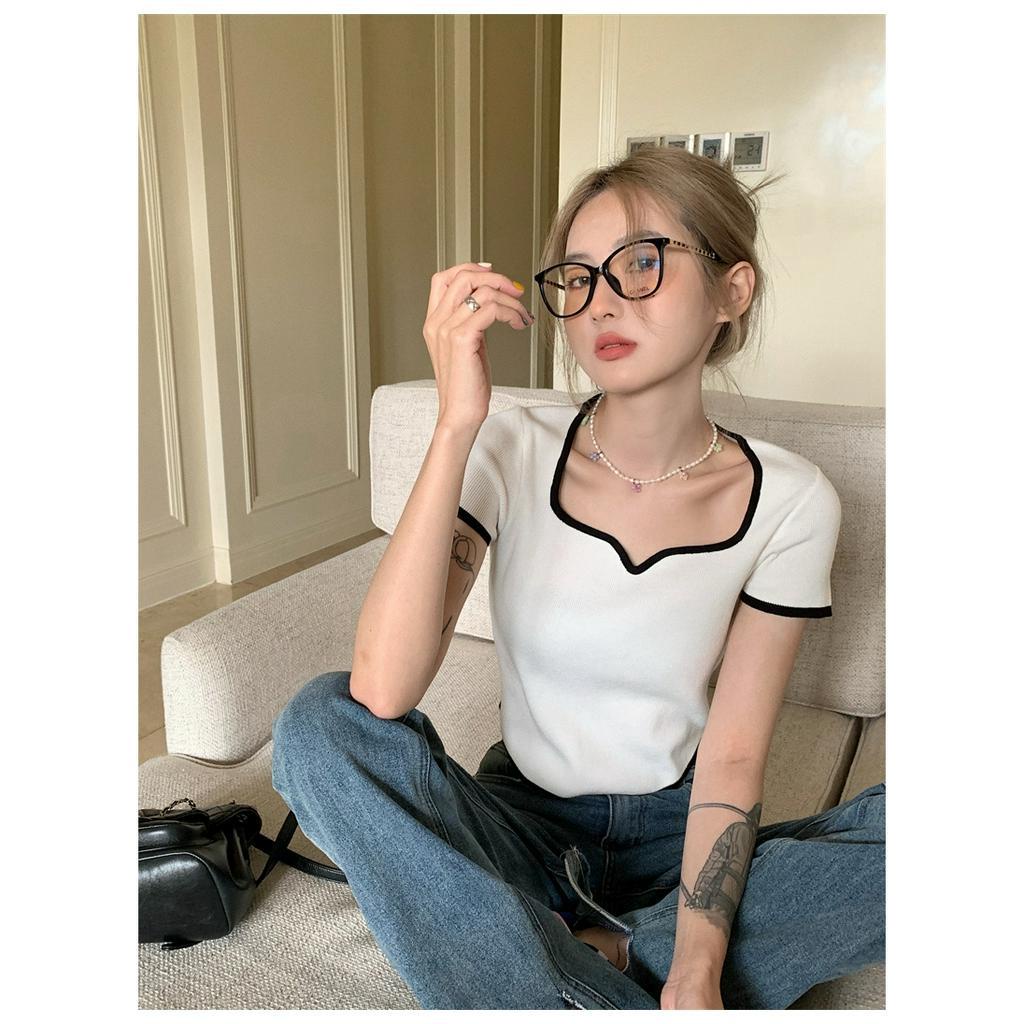 Áo sweater Ngắn Tay Cổ Vuông Thiết Kế Lệch Tà Cá Tính Dễ Phối Đồ