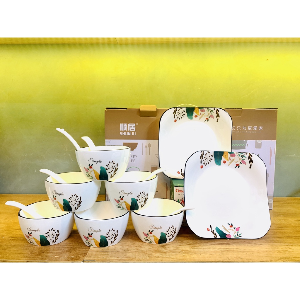 Bộ bát đĩa sứ 14 món cao cấp hoa lá tropical, Phong cách Châu Âu