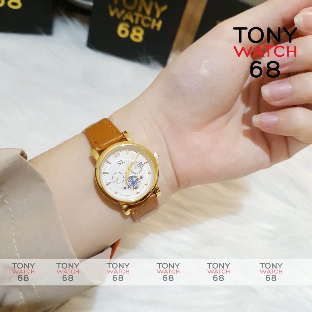 Đồng hồ cặp đôi nam nữ SL dây da viền vàng lộ máy chống nước chính hãng giá rẻ Tony Watch 68