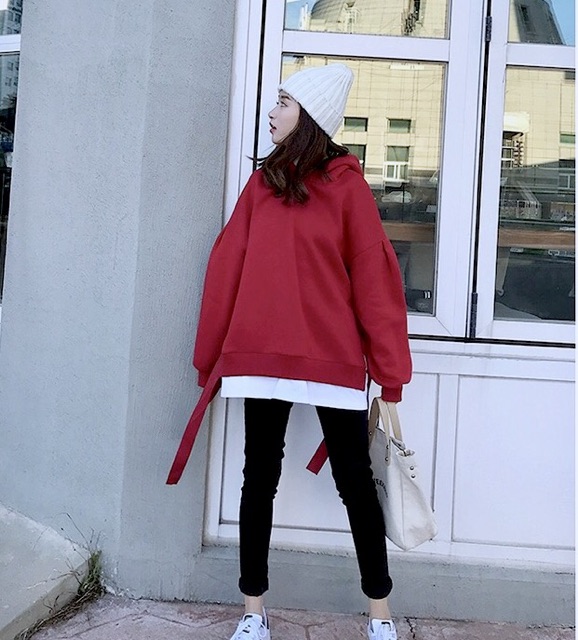 Áo hoodie nỉ form rộng tay dài dây buộc nơ sườn | WebRaoVat - webraovat.net.vn