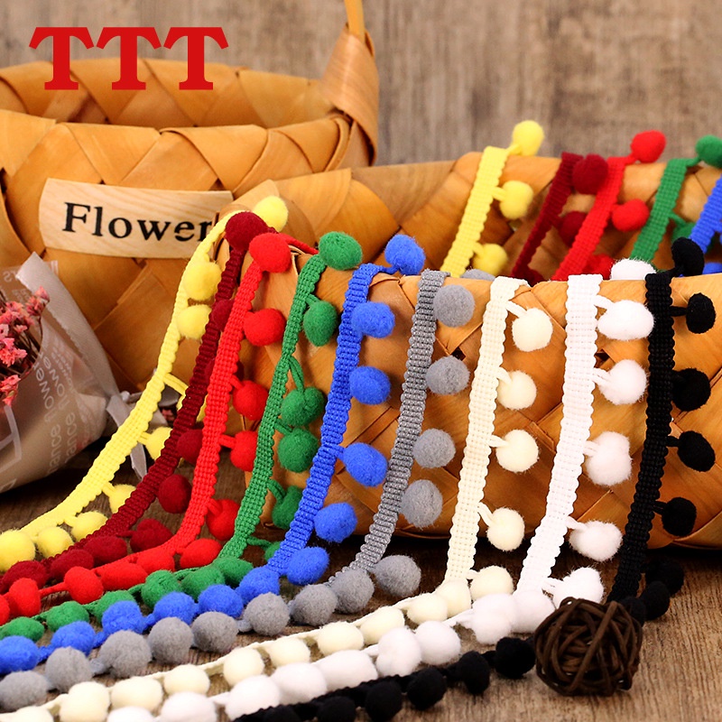 Dây ruy băng hoa ren sợi dẹt kèm 1 cm quả bóng nhỏ, phụ kiện trang trí handmade đa chức năng