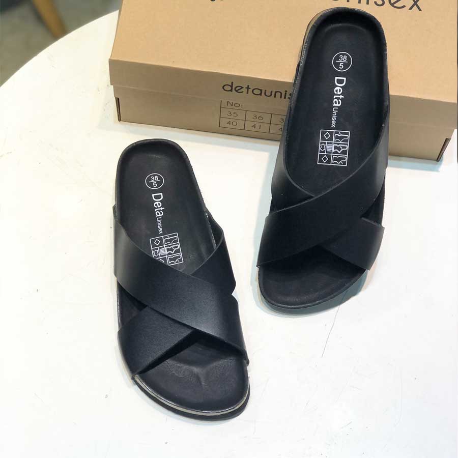 Dép Birken đế trấu quai chéo nam nữ Detaunisex Đen lót Đen - DETA23F