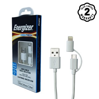 Cáp Energizer 2 trong 1 MicroUSB và Lightning 1.2m màu trắng - C11UBDUGWH4