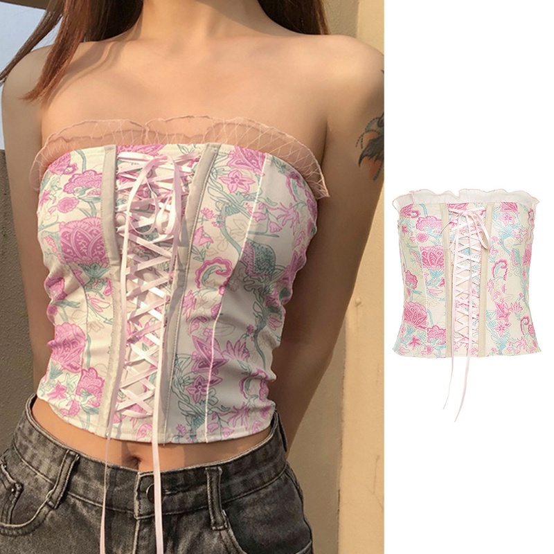 Áo Lửng Hai Dây Viền Ren Họa Tiết Hoa Gợi Cảm Cho Nữ