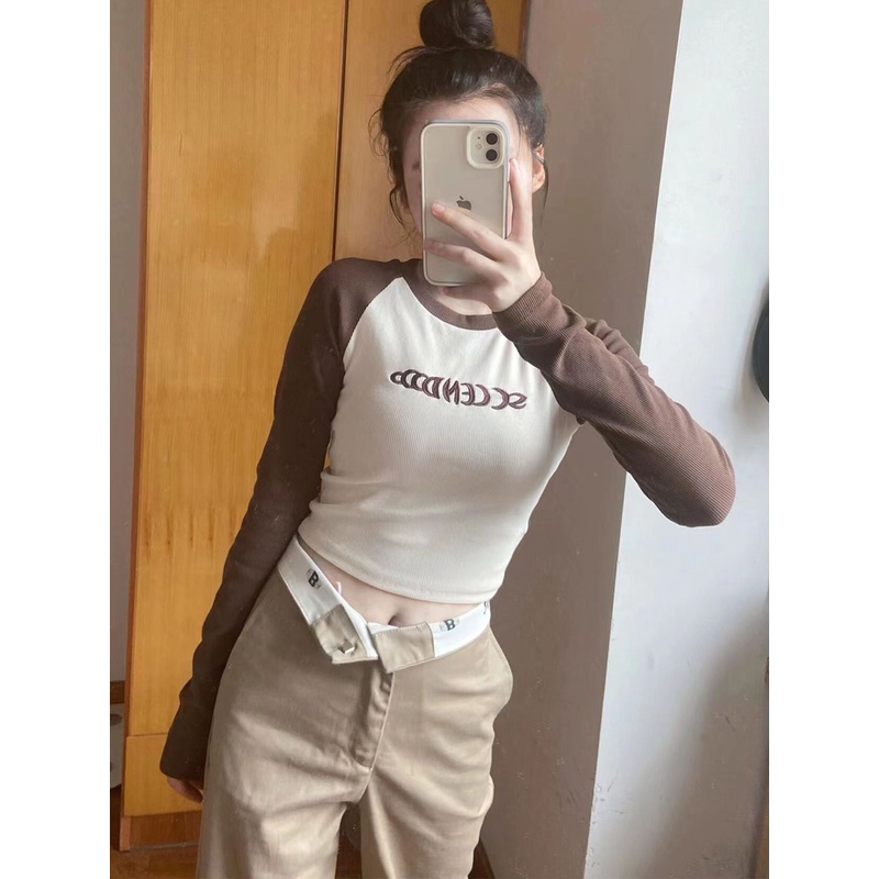 Áo Thun Lửng Tay Dài Thêu Chữ Trẻ Trung Cho Nữ