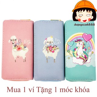 Bóp Ví Dài Cầm Tay Nữ Hoạt Tiết Hoạt Hình Cừu Trắng Và Kì Lân Dễ Thương !