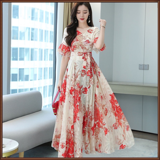 Đầm Dài Cổ Chữ V Tay Ngắn Họa Tiết Hoa Thời Trang Cho Nữ