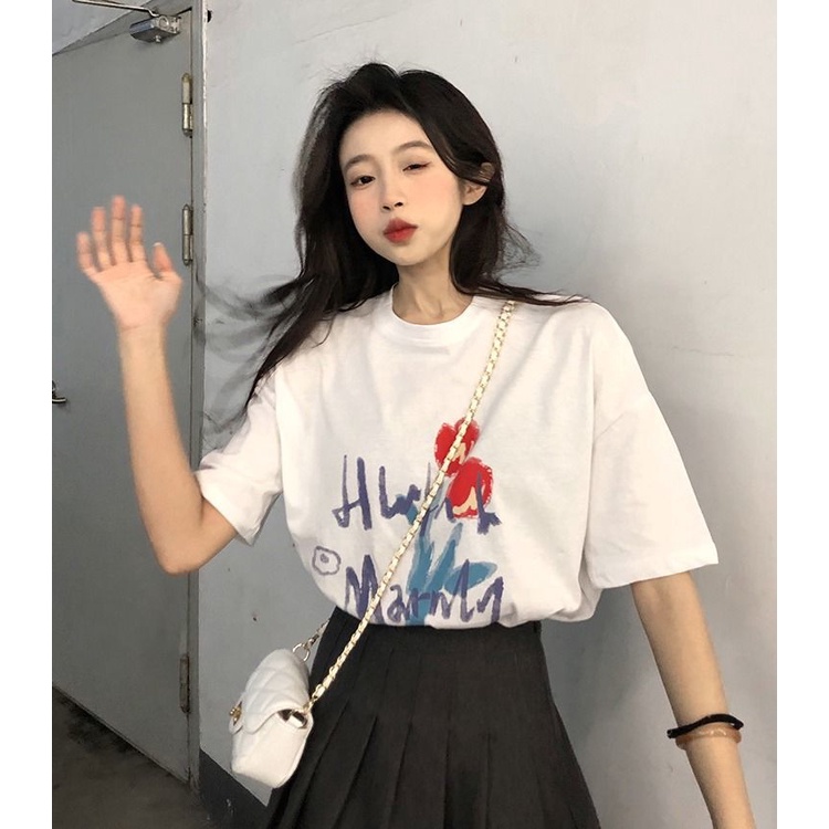 Áo Thun Tay Lửng Cổ Tròn In Hình Hoa Tulip Thời Trang Cho Nữ