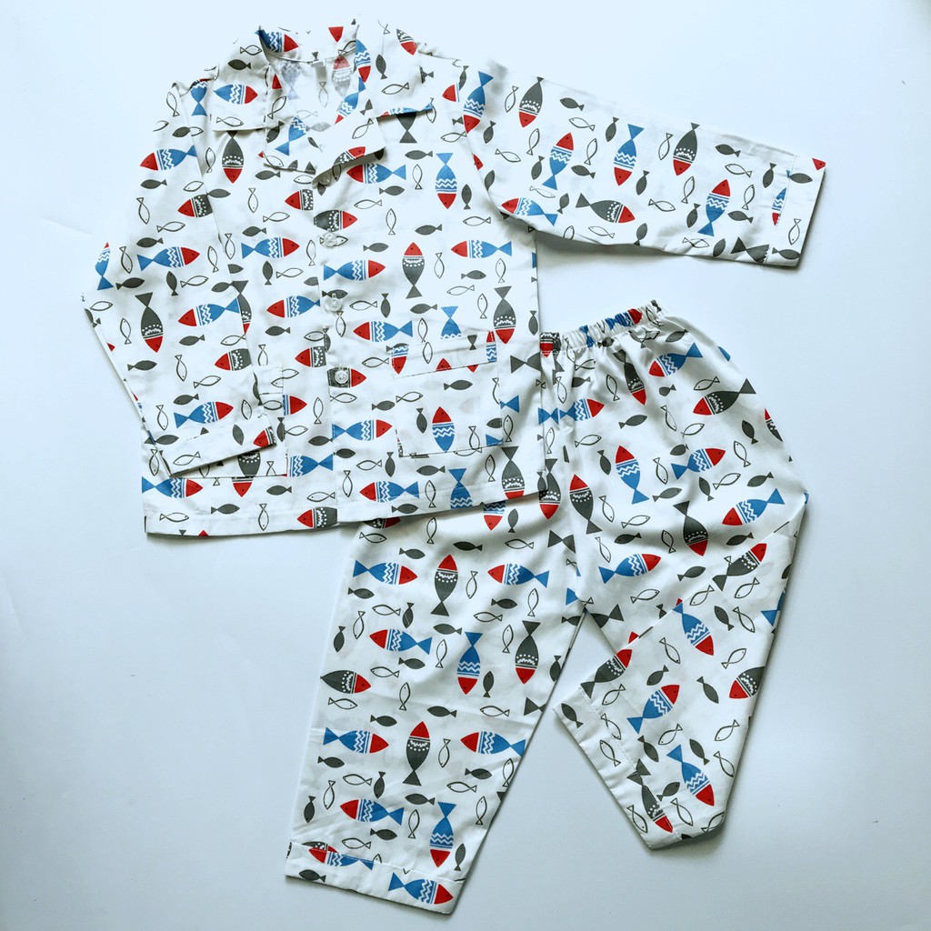 Pijama dài cho bé trai bé gái vải Thô hàng đẹp may kỹ hình cá Cá voi xanh size 1-9 tuổi 10-40kg