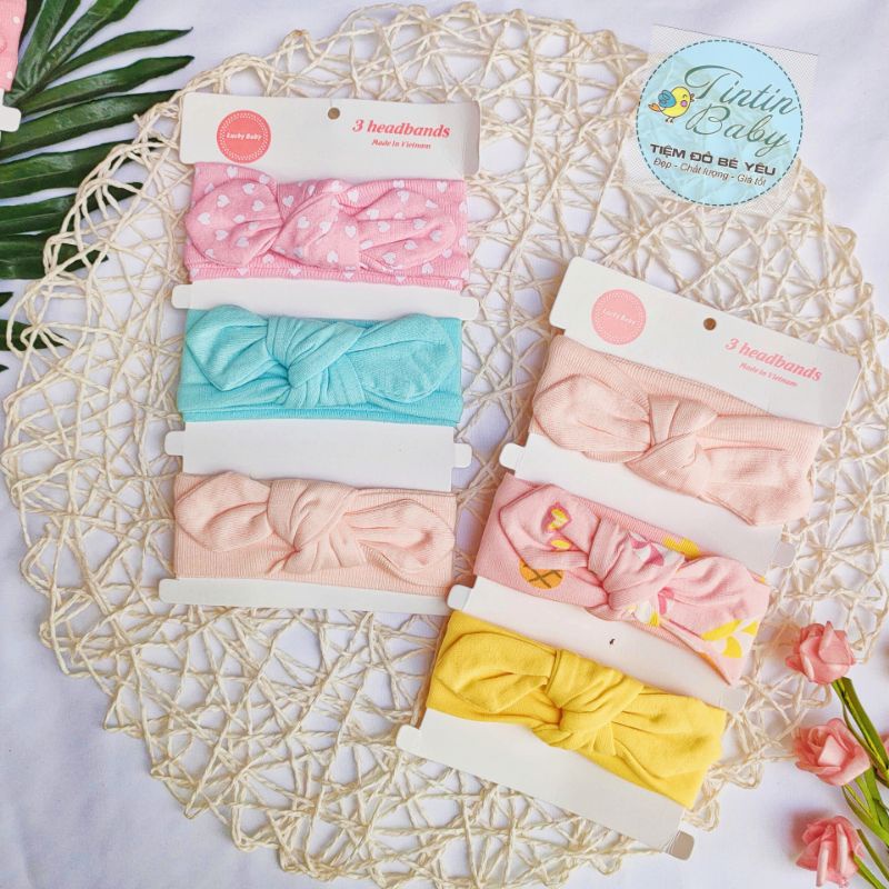 Set 3 turban/băng đô vải cotton đáng yêu cho bé gái 5-10kg