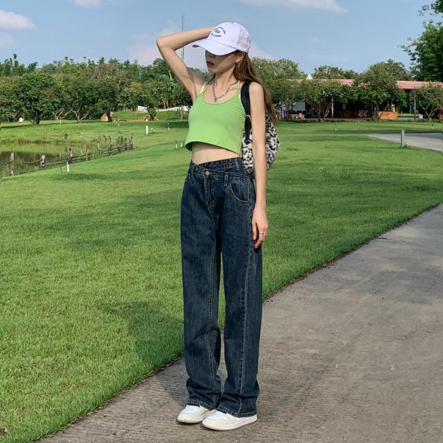 COZOK Quần jean ống rộng lưng cao phong cách Hàn Quốc