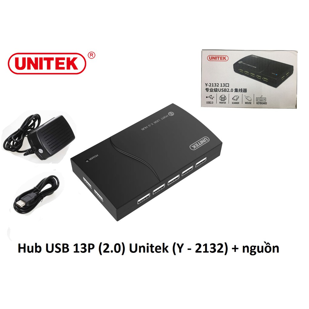 Bộ mở rộng chia tín hiệu USB UNITEK Y2132 từ 1 ra 13 cổng USB 2.0 có hổ trợ nguồn ngoài