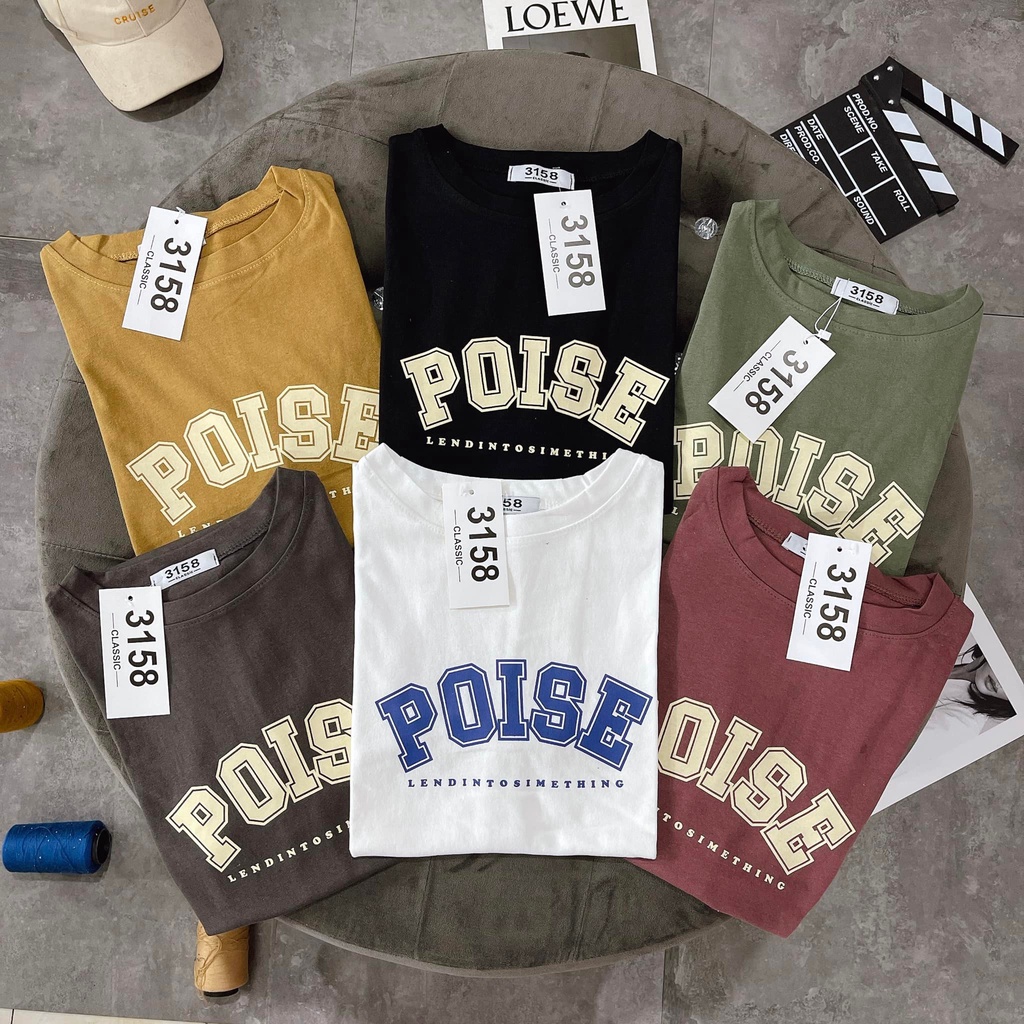 Áo thun cotton 3158 tay lỡ phom rộng cho nam nữ chữ POISE