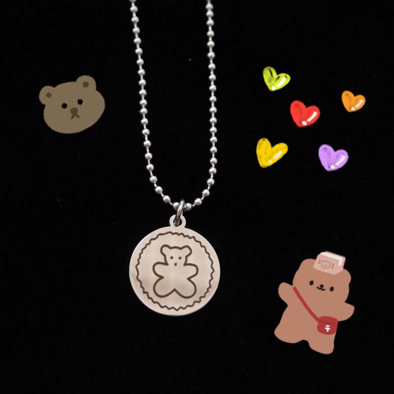 Dây chuyền mặt tròn khắc hình gấu phong cách retro đơn giản đáng yêu