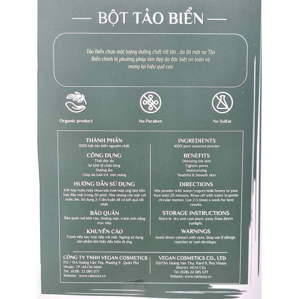 Bột Đắp Mặt Nạ Tảo Biển Hoặc Rau Má Rakisuta 100g