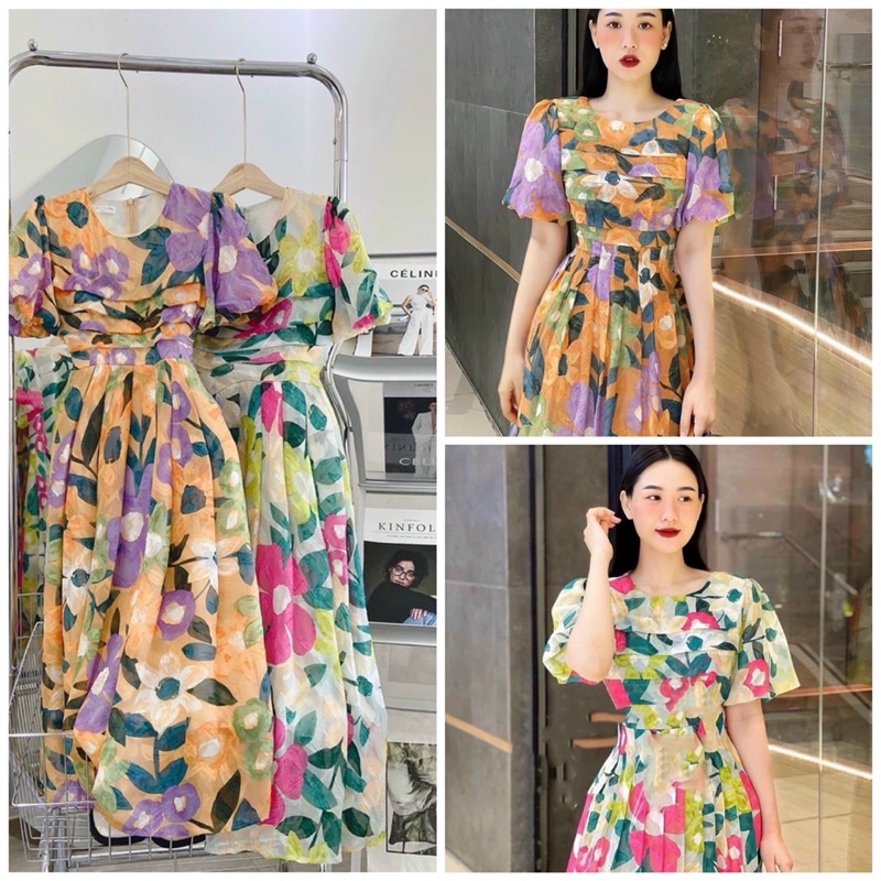 Đầm midi hoa xếp li ngực tay phồng tùng xòe QC NÀNG CLOSET