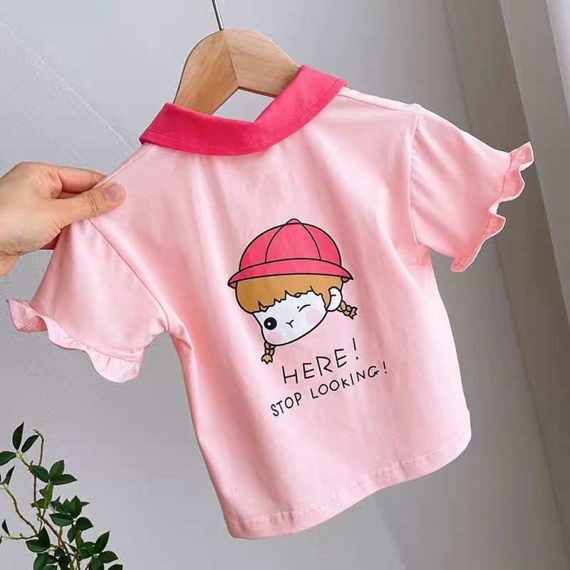 Áo Thun polo Cotton Tay Ngắn Cổ Bẻ Phối Ren Họa Tiết Hoạt Hình Phong Cách Hàn Nhật Thời Trang Cho Bé Gái