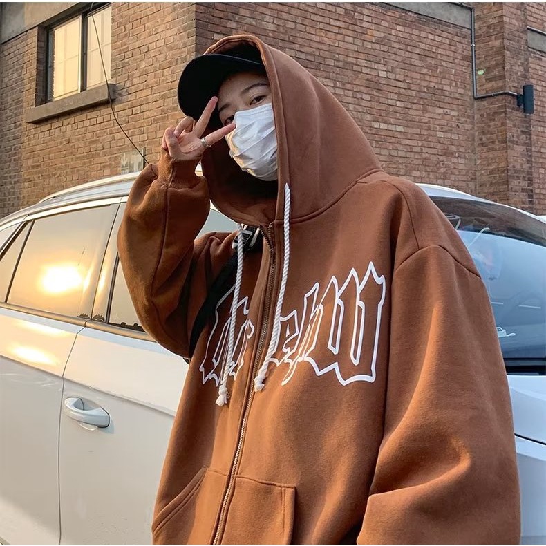 Áo khoác dây kéo thêu chữ retro unisex áo hoodie dây kéo thời trang varsity jacket simple áo hoodie nam nữ form rộng fashion áo nỉ nữ form rộng