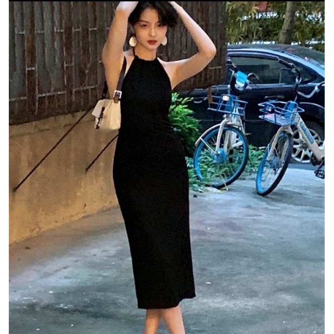 Đầm ôm body hở lưng cổ yếm chất thun Gân dày dặn co giãn 4 chiều cam kết hàng y hình ) Size từ 40-53kg )