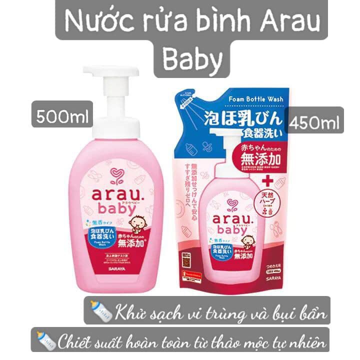 Nước Rửa Bình Sữa, Rửa Bình Arau Nhật Bản An Toàn Cho Bé Chai 500 Ml Túi 450 Ml Sạch Nhanh Kháng Khuẩn Không Cồn