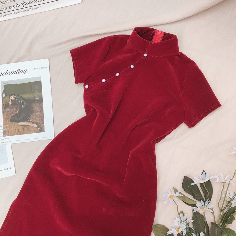 Đầm nữ thiết kế đầm nữ nhung đỏ sườn xám mặc diện tết dự tiệc dạo phố cực xinh | BigBuy360 - bigbuy360.vn