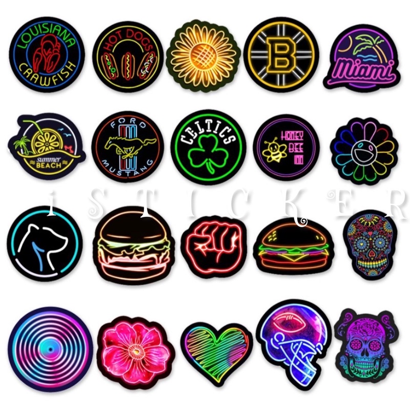 [Set 50 cái] Sticker tem Neon mẫu HOT hình dán cute trang trí nón - mũ bảo hiểm, điện thoại, laptop, vali, ván trượt, xe