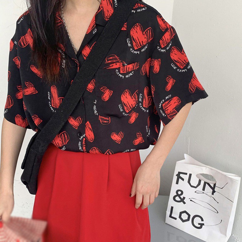 Áo Sơ Mi Voan Tay Ngắn Dáng Rộng In Hình Trái Tim Xinh Xắn Hợp Thời Trang