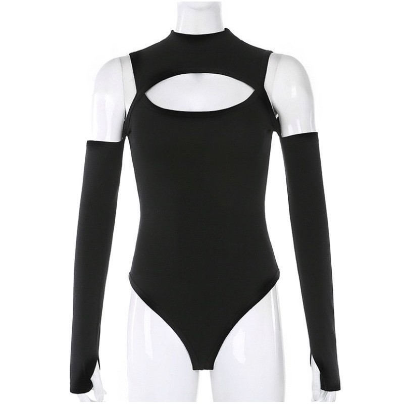 [AdorablexBeautiful] Áo Bodysuit Tay Dài Hở Ngực Chất Thun Đen Trắng Mềm Mịn Phong Cách Sexy