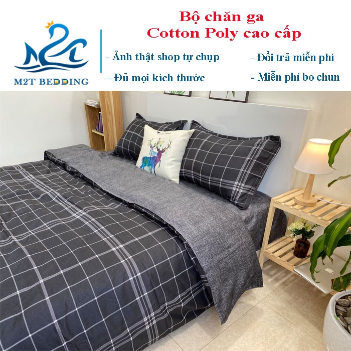 Bộ chăn ga gối Cotton Poly M2T bedding chăn ga nhập khẩu kẻ ô đen to miễn phí bo chun drap ga giường | BigBuy360 - bigbuy360.vn