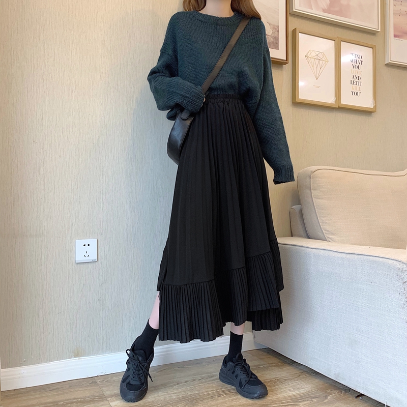 Chân váy midi nữ dáng dài retro 2021, Chân váy uzzlang hàn quốc xếp li đuôi cá,vạt lệch màu đen hồng kem du lich công sở | BigBuy360 - bigbuy360.vn