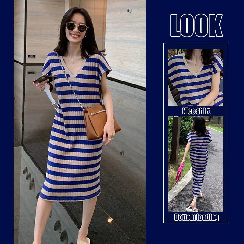 Jiashucheng Đầm Dài Cổ Chữ V Họa Tiết Kẻ Sọc Phong Cách Hoàng Gia Pháp Thời Trang Cho Nữ