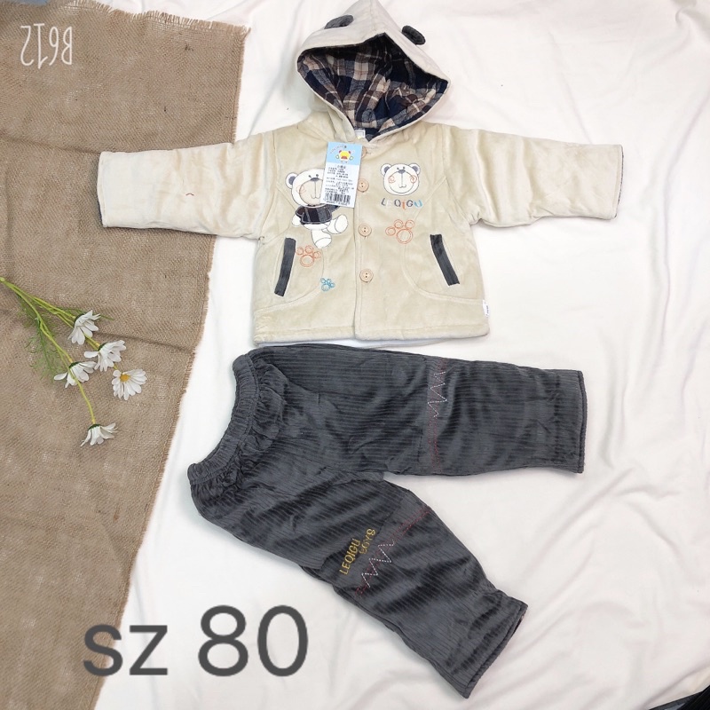 Bộ trần bông siêu ấm có mũ cho bé sz 0-3 tuổi