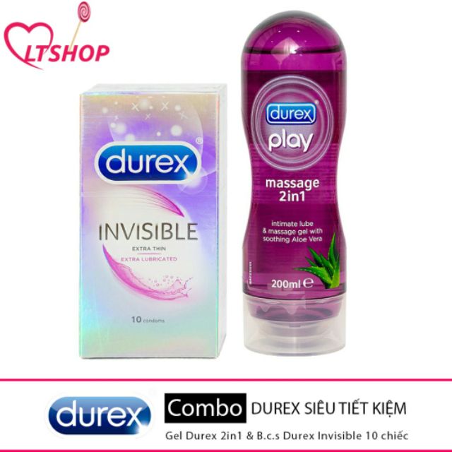 Bộ đôi bao cao su durex siêu mỏng bôi trơn invisible extra lubricated + gel bôi trơn 2 in 1