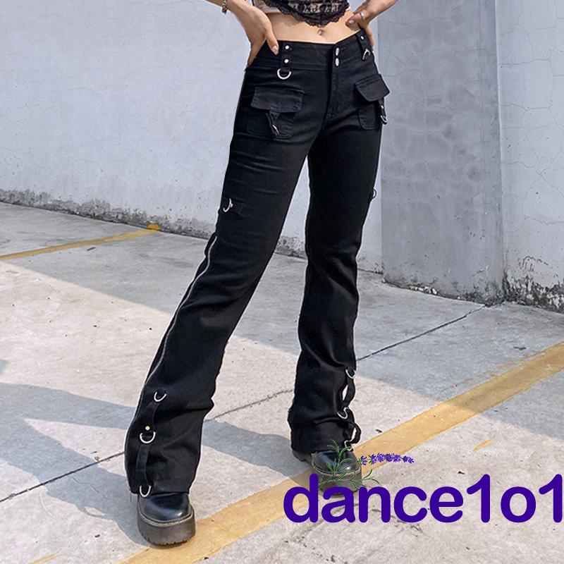 Quần jeans lưng cao phối vòng kim loại thời trang cho nữ