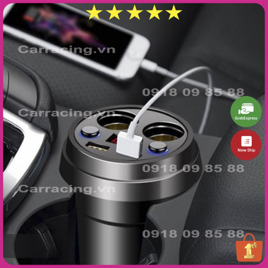 Tẩu Sạc Ô TÔ CARRACING Cốc chia sạc nhanh TRÒN chất lượng cao (2 tẩu tròn 2 USB) bảo hành 6 tháng - Đèn Led báo Vol