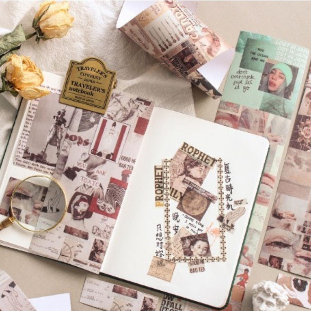 [Cuộn 50 miếng] Nhãn dán sticker thủ công trang trí phong cách retro khổ dài ST03