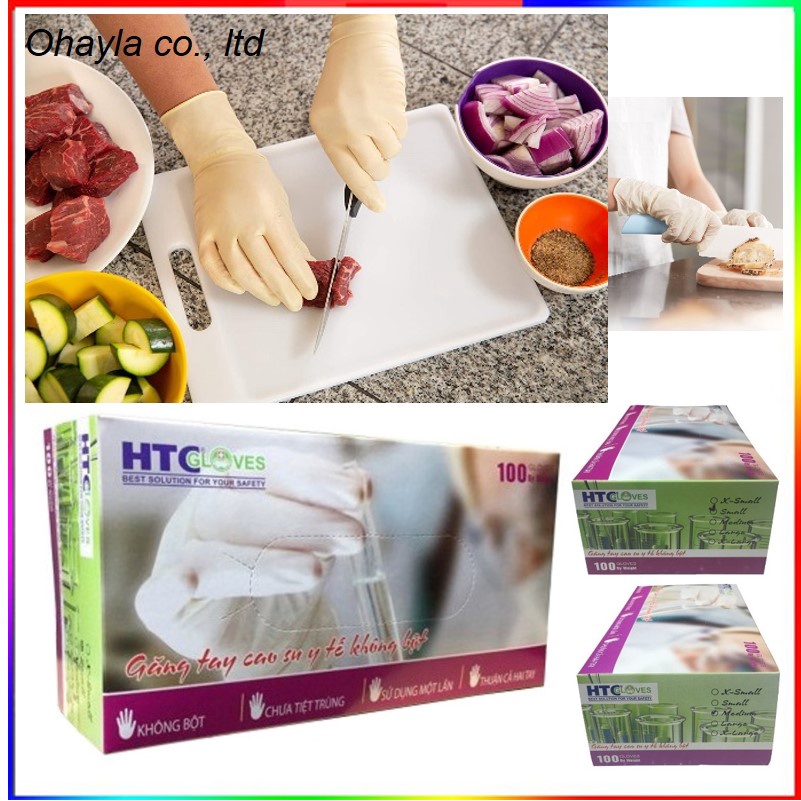 Găng tay y tế HTC Gloves không bột, cao su Latex màu trắng size S, M hộp 100 cái.