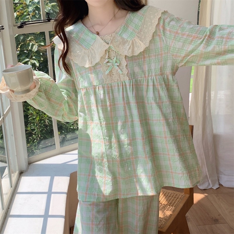 Đồ Ngủ Style Hàn Quốc - Đồ Bộ Nữ Mặc Nhà Tiểu Thư Cổ Phối Ren Bèo Dài Tay Công Chúa Ulzzang