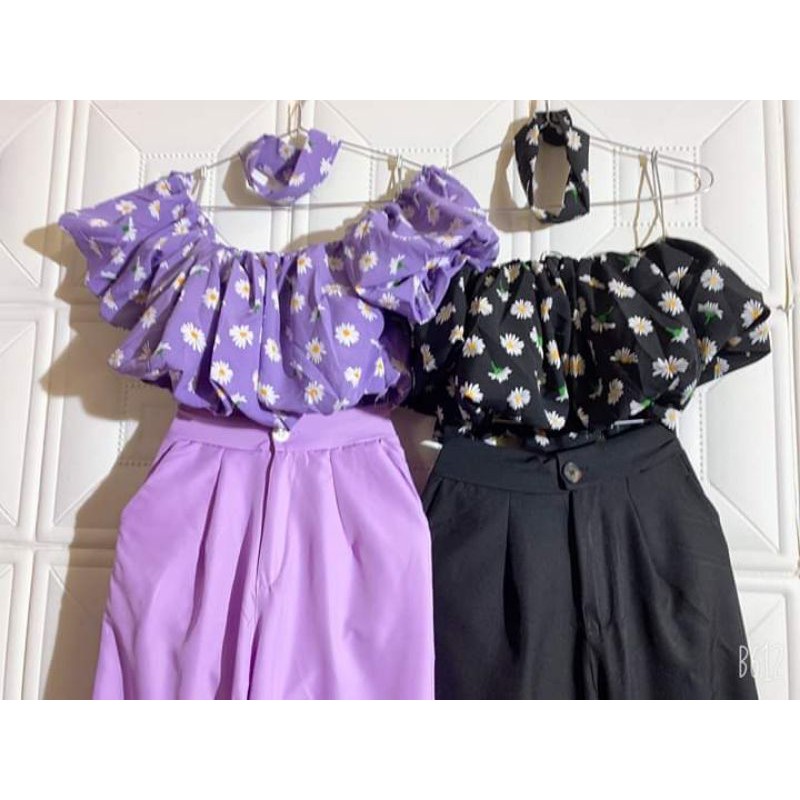 sét hoa cúc quần ống rộng áo crop top hàng cao cấp xịn xò