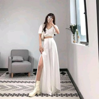 Set áo CRT + quần suông rộng xẻ