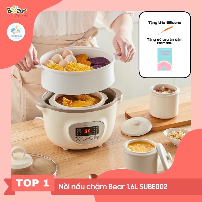 (TẶNG BẢNG ĐK TIẾNG VIỆT) Nồi nấu cháo chậm Bear 1,6l kèm thố sứ cho bé ăn dặm - Nồi ninh hầm hấp chưng yến Sube002
